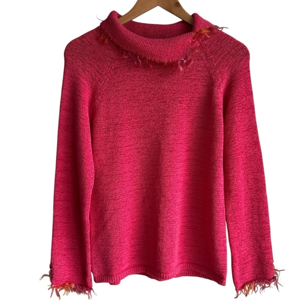Susan Bristol Funky Pink Sweater Sz M Knit Turtleneck Orange Fringe Artsy EUC